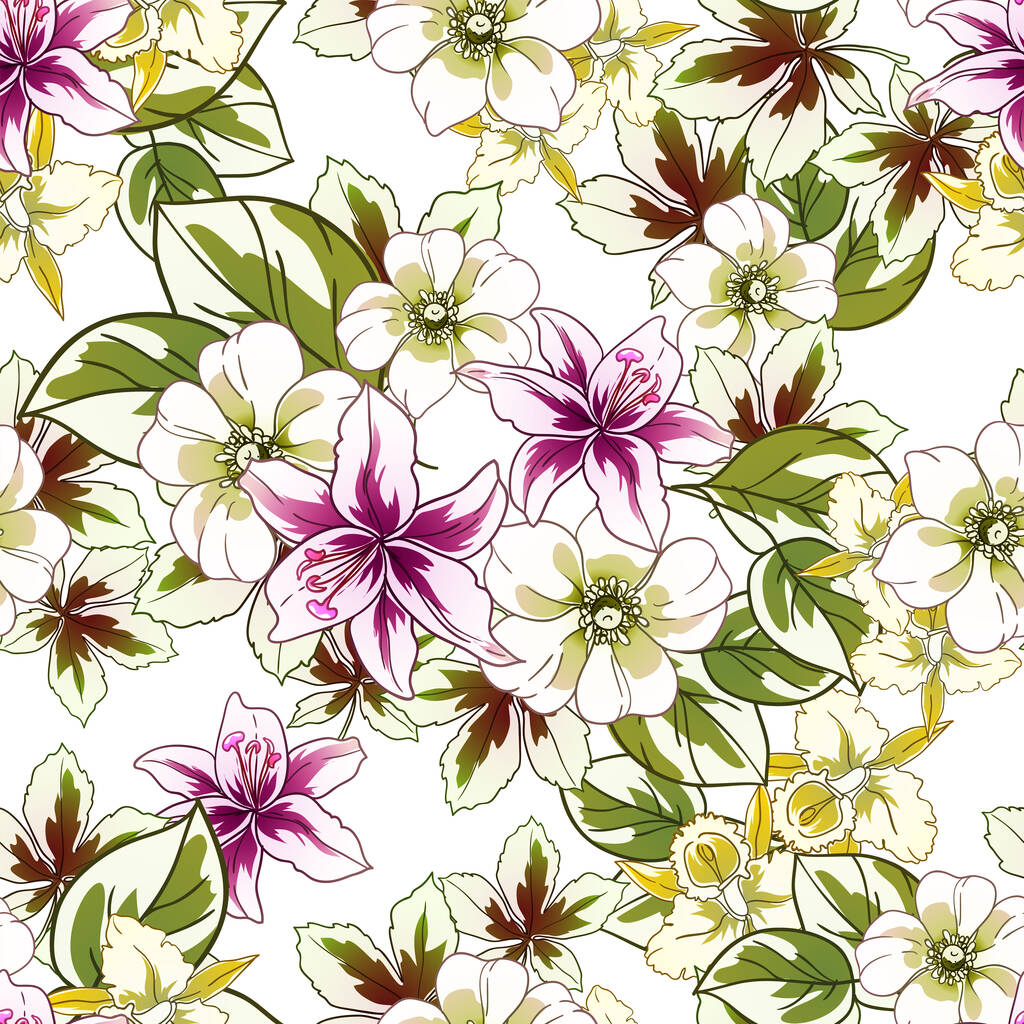 πολύχρωμα λουλούδια αδιάλειπτη μοτίβο, πέταλα, διανυσματική απεικόνιση - Διάνυσμα, εικόνα