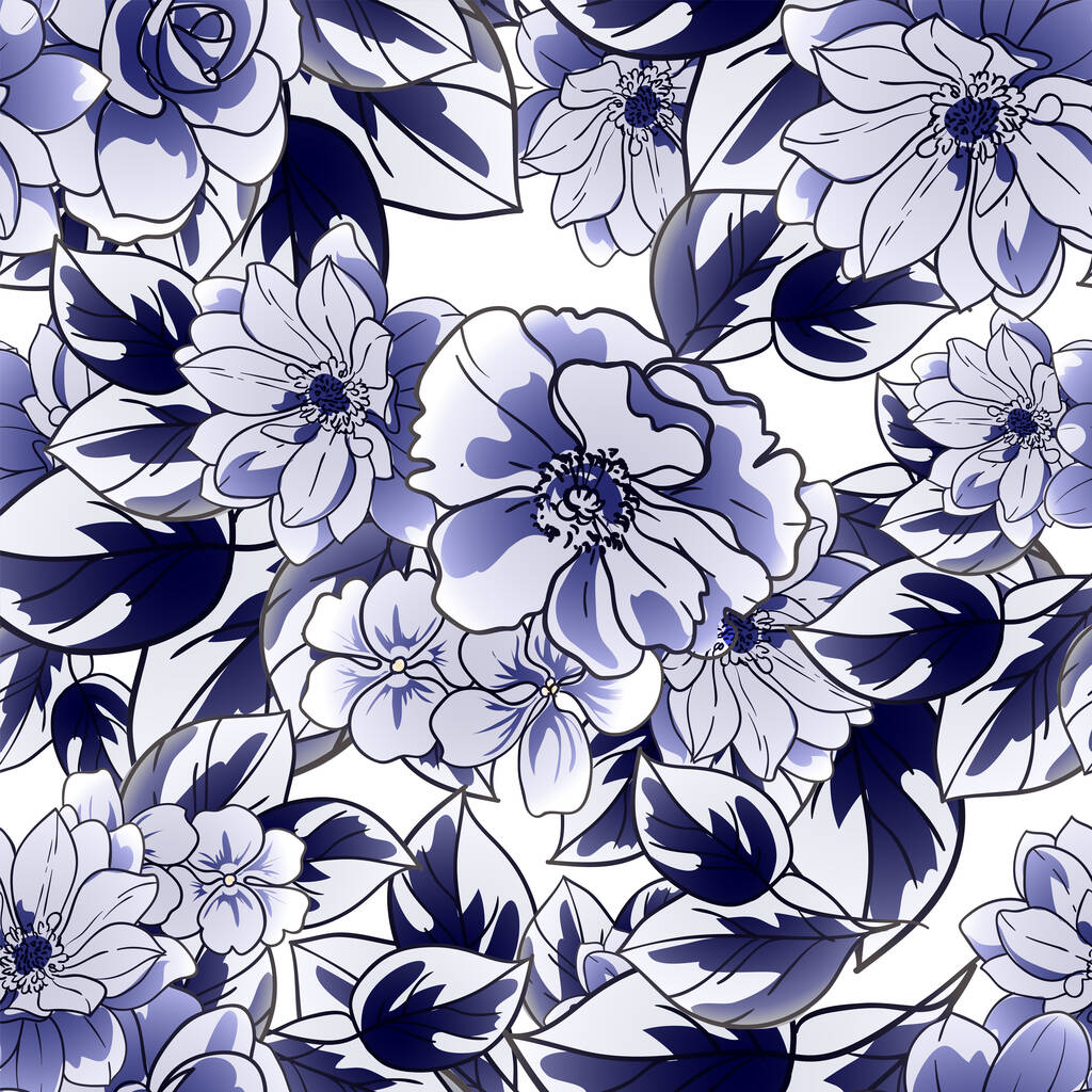 Nahtloses blaues, monochromes Blumenmuster im Vintage-Stil - Vektor, Bild