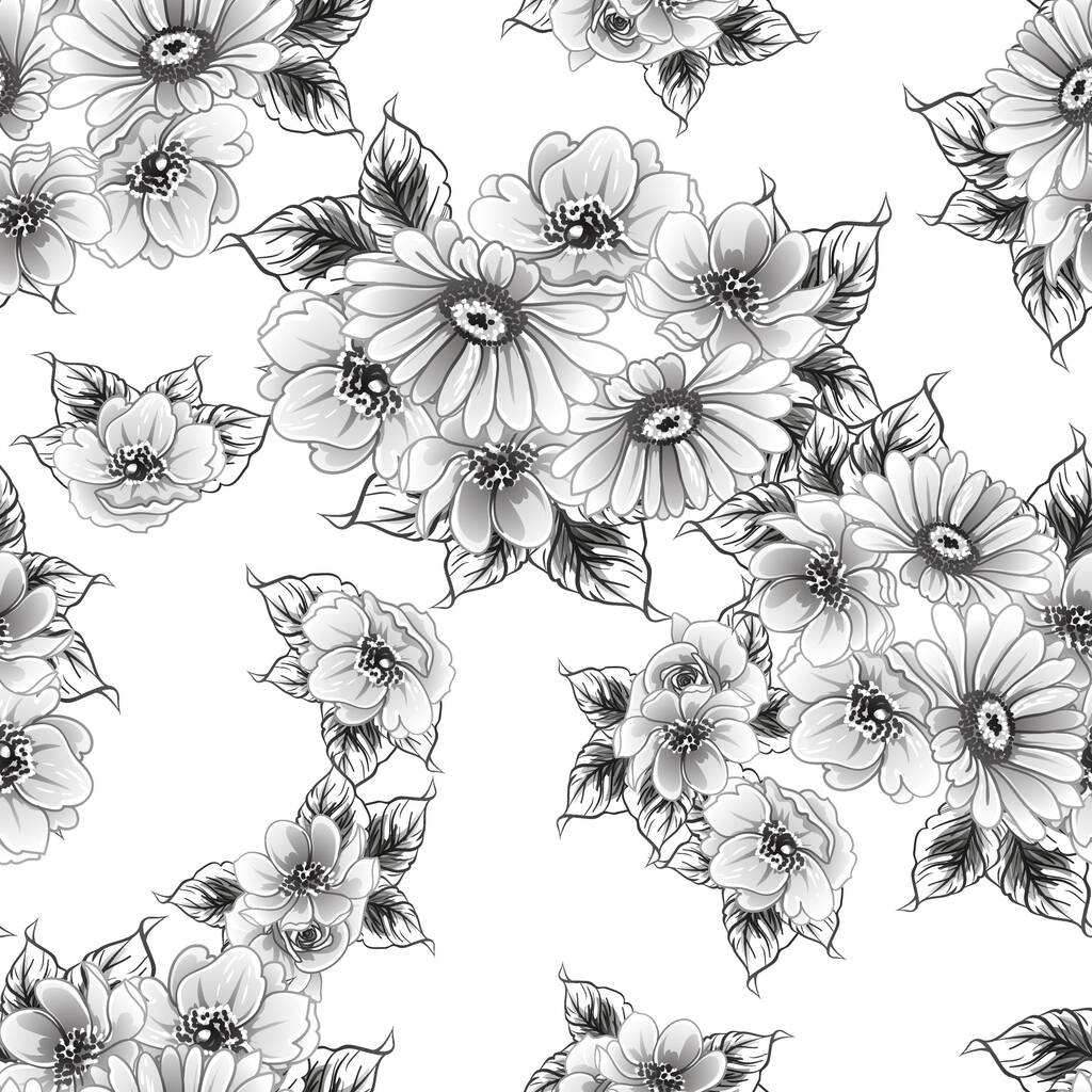 чорно-білий квітковий безшовний фон, Векторні ілюстрації
 - Вектор, зображення