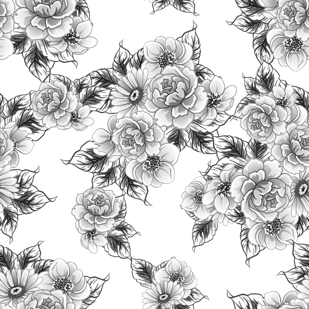 fondo sin costura floral blanco y negro, ilustración vectorial - Vector, Imagen