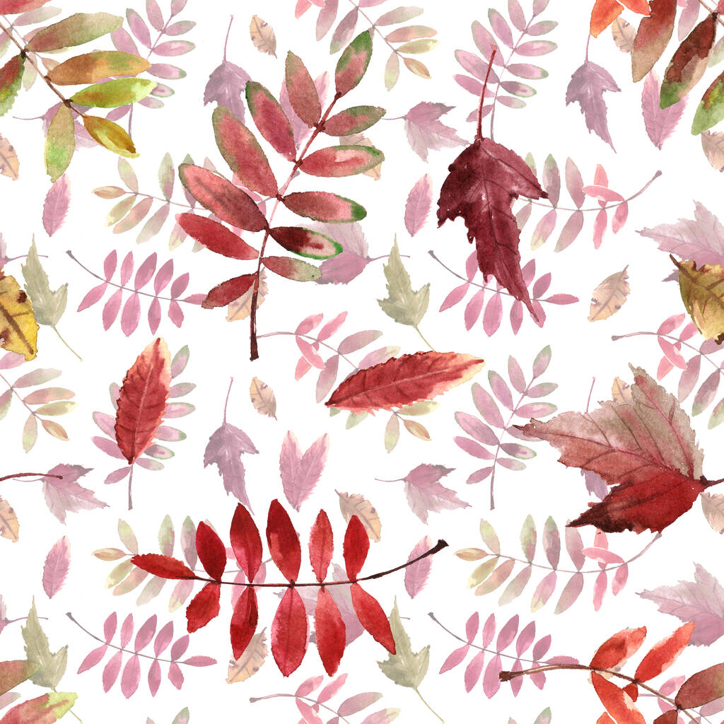 Акварель с яркими осенними листьями на белом фоне - Фото, изображение