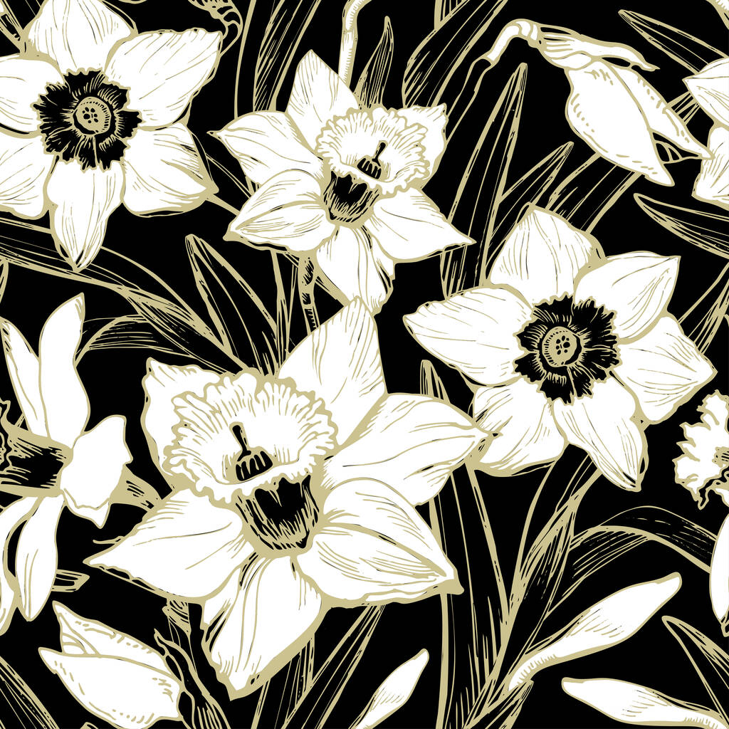 Monochrome botanical seamless pattern with white hand drawn closeup flowers. - Vector, Image