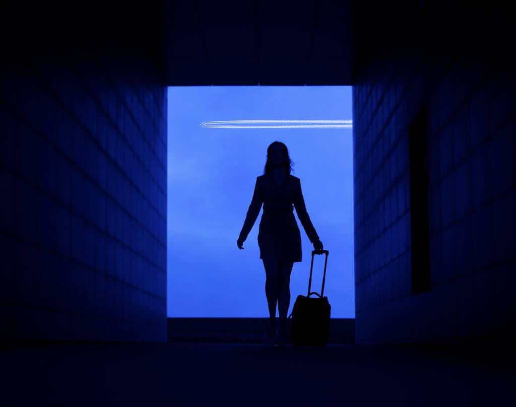 una mujer de negocios. silueta de viajero. Mujer caminando con maleta. vista frontal. aislado en el fondo del cielo. El avión vuela en el cielo. - Foto, Imagen