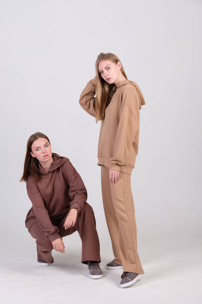Paar modische Models posieren im Studio in braunen und beigen Freizeitanzügen für den Kleidungskatalog. Beispiele für weibliche Herbstmode. Kopierraum. - Foto, Bild