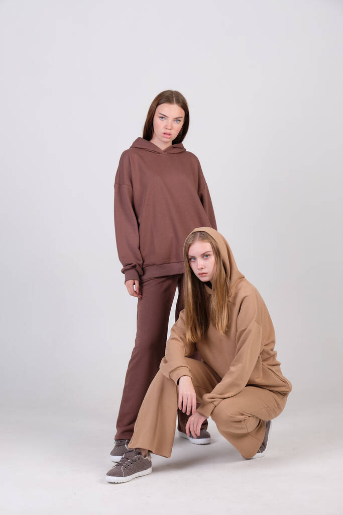 Pair of fashionable models posing in studio in brown and beige casual suits for clothing catalog. Examples of autumn female fashion. Copy space. - Photo, Image