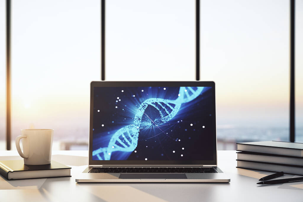 Modern dizüstü bilgisayar monitörü, biyoteknoloji ve genetik konsept üzerine yaratıcı DNA çizimi. 3B Hazırlama - Fotoğraf, Görsel