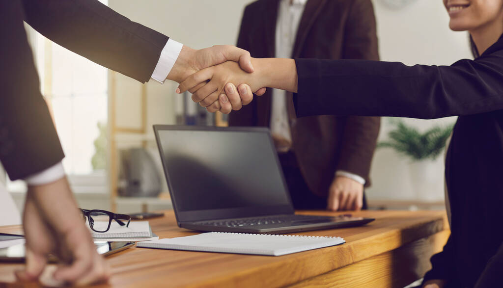 Partnerzy biznesowi zawierający udane umowy i potwierdzający współpracę poprzez uścisk dłoni - Zdjęcie, obraz