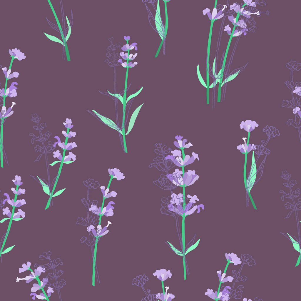 Naadloos patroon met verschillende delen van lavendel - Vector, afbeelding