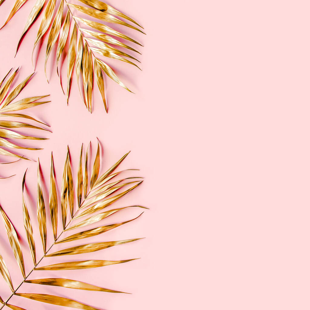 Hojas de palma tropical dorada sobre fondo rosa. Plano laico, vista superior concepto mínimo. - Foto, imagen