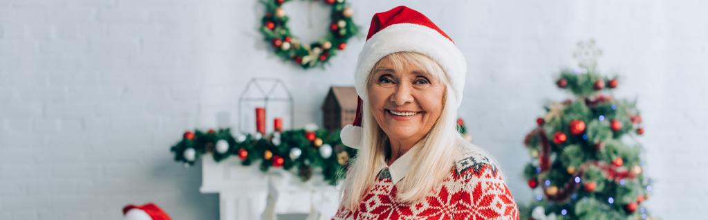 Panoramaaufnahme einer glücklichen Seniorin mit Weihnachtsmütze, die im Hintergrund in die Kamera neben dem Weihnachtsbaum blickt - Foto, Bild