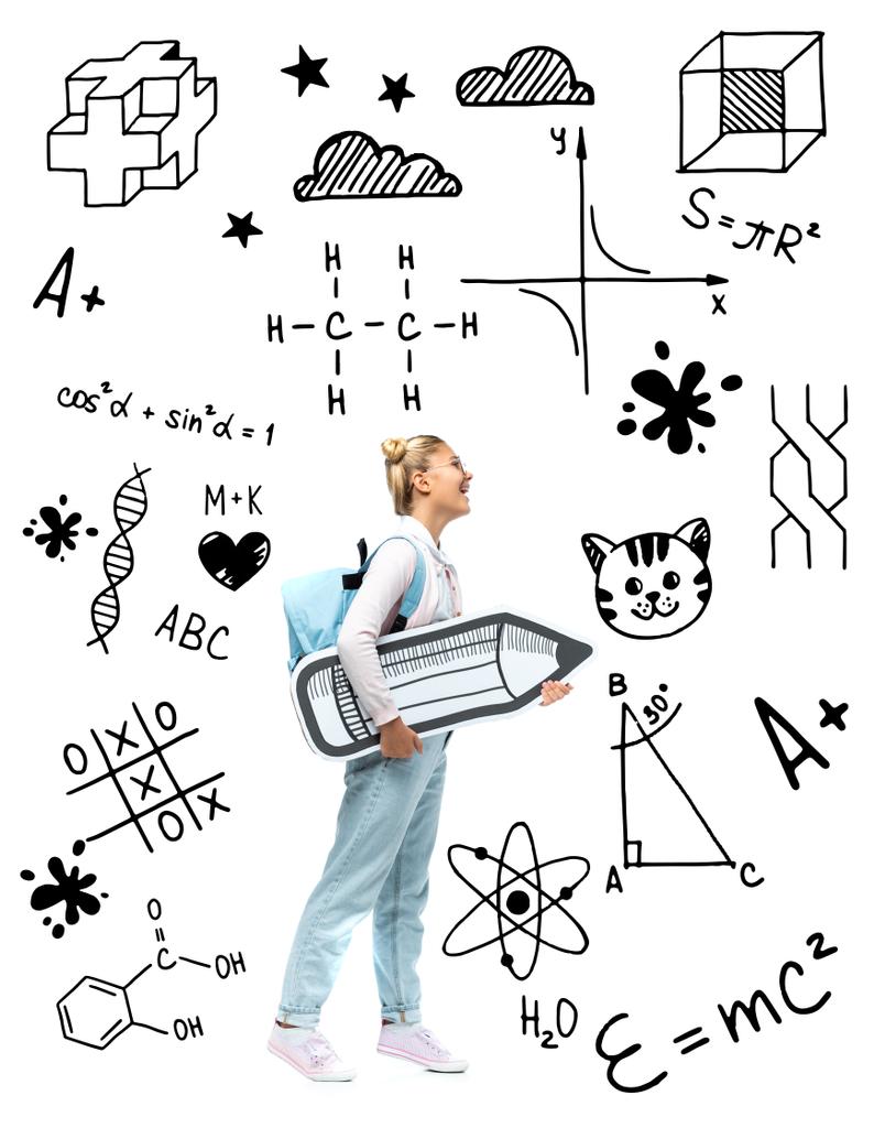 Παιδί με σακίδιο κρατώντας μολύβι χαρτί κοντά στην απεικόνιση των μαθηματικών σε λευκό  - Φωτογραφία, εικόνα