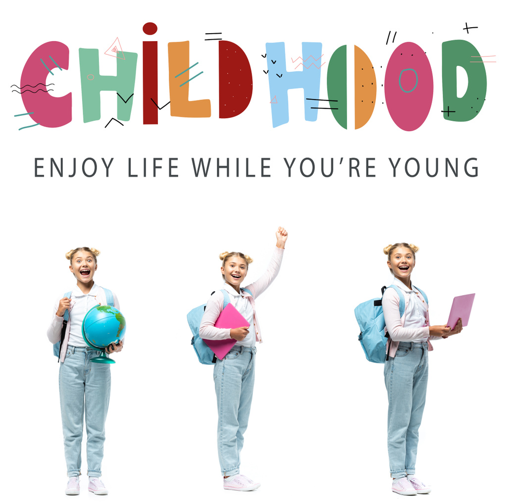 Collage von Schulmädchen mit Globus, Rucksack und Laptop in der Nähe der Kindheit, genießen Sie das Leben, während Sie jung sind Schriftzug auf weiß - Foto, Bild