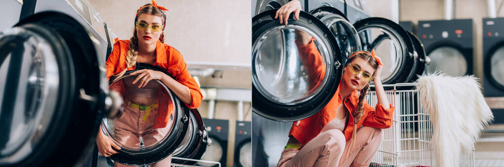 kolaż stylowej kobiety w okularach przeciwsłonecznych w pobliżu surowych pralek w pralni - Zdjęcie, obraz