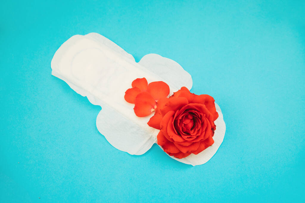Women's padding with red rose petals on a blue background.Medical photography concept.Gynecological menstrual cycle. Women's hygiene during critical days. - Photo, Image