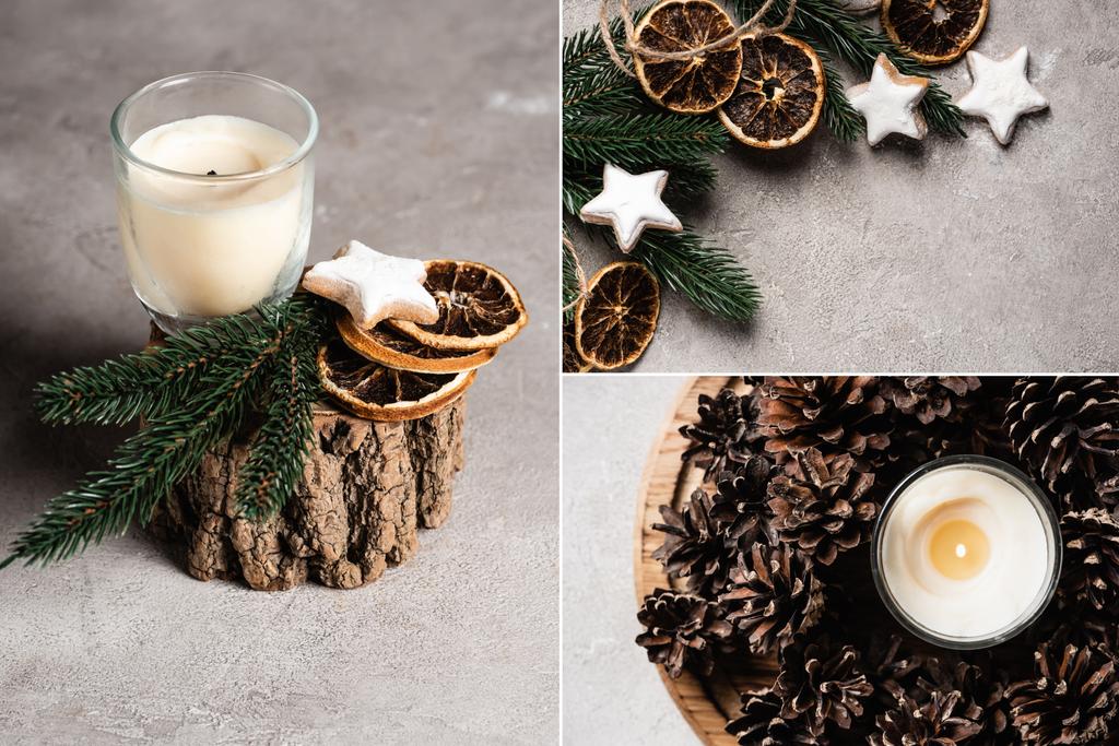 Collage of scented candles with pine branch, pine cones and orange dried slices  - Photo, Image