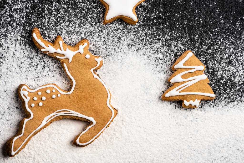 Vista dall'alto dei biscotti a forma di cervo, pino e stella con zucchero in polvere - Foto, immagini
