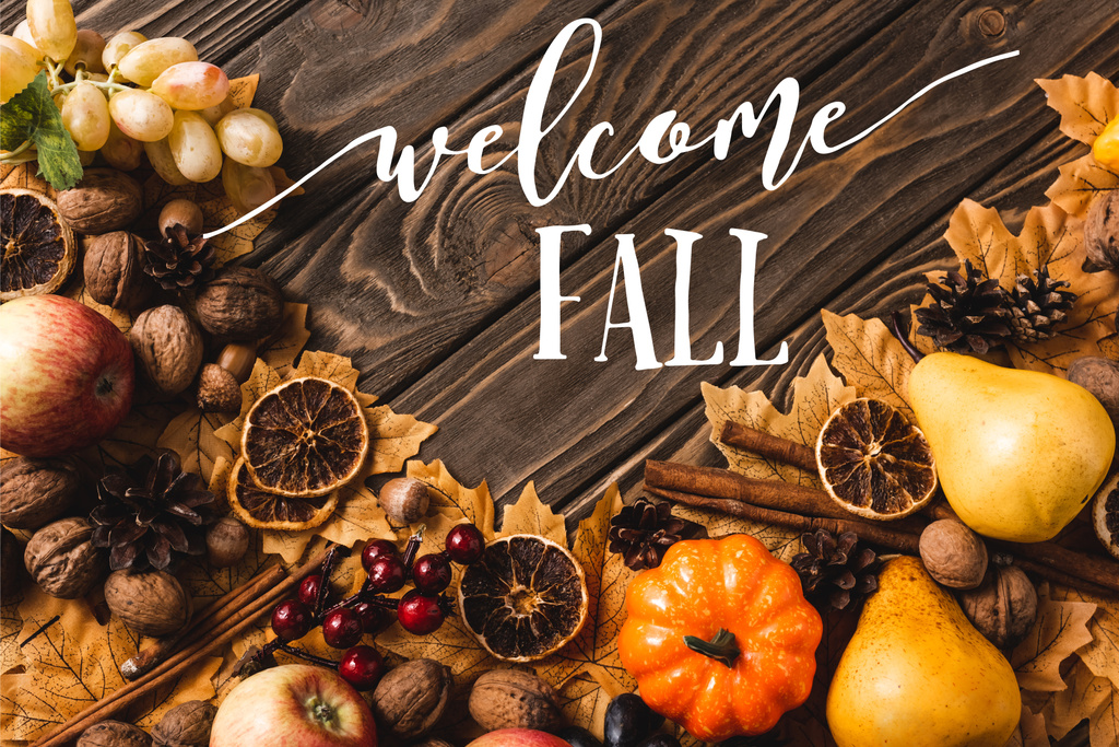 秋の収穫と紅葉を一望できる茶色の木の背景に秋の文字 - 写真・画像