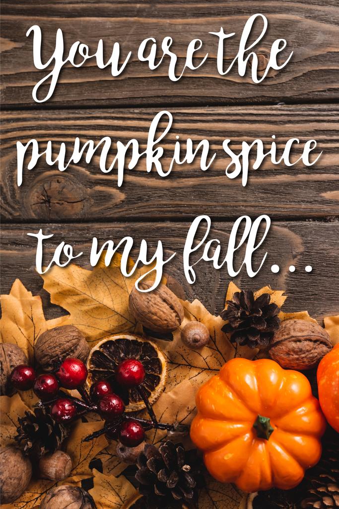 top view of autumnal decoration and pumpkin near you are the pumpkin spice to my fall lettering on wooden background - Photo, Image