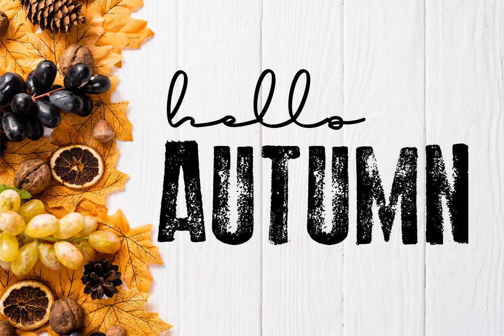 Draufsicht auf Dekoration mit Blättern und Trauben in der Nähe von Hallo Herbst Schriftzug auf weißem Holzgrund - Foto, Bild