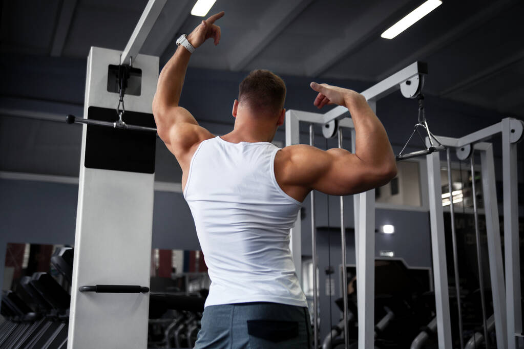 Sportovní muž demonstruje pohled na svaly zezadu v tělocvičně. - Fotografie, Obrázek