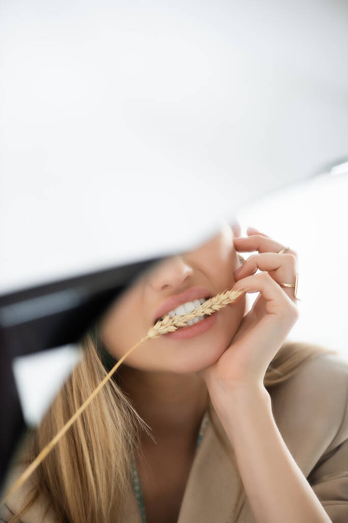 відображення жінки, яка кусає пшеничний шпікет у круглому дзеркалі на білому розмитому фоні
  - Фото, зображення