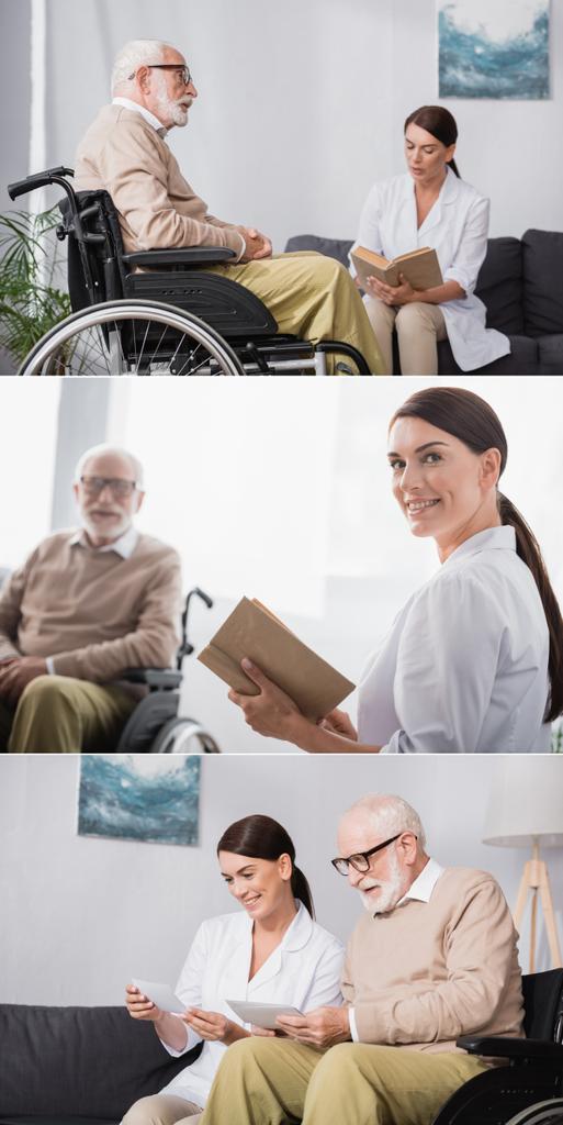 Collage einer Altenpflegerin, die einem behinderten Mann ein Buch vorliest und sich gemeinsam ein Familienfoto ansieht - Foto, Bild