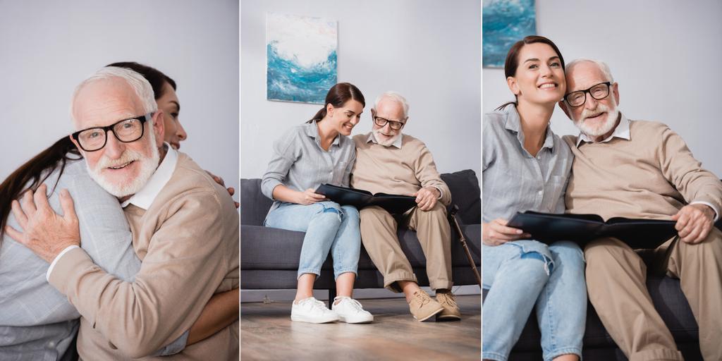 kollázs idős férfi ölelés felnőtt lánya és nézi családi fotók együtt, banner - Fotó, kép