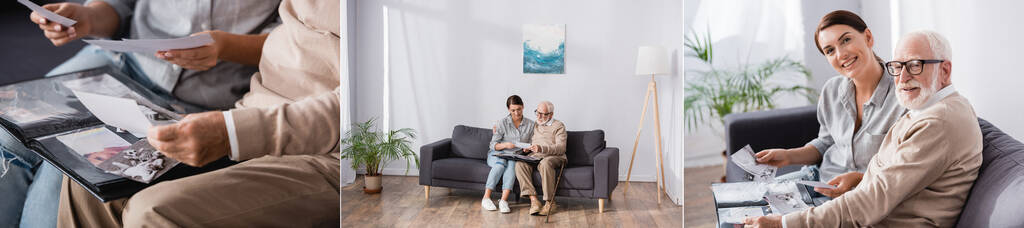 collage of eldery man with adult woman browsing photo album while sitting on sofa and looking at camera, banner - Photo, Image