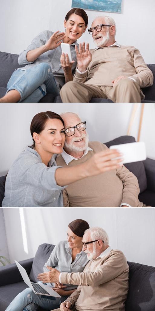 idős férfi és felnőtt lánya kollázsa, akik okostelefonra és laptopra szelfiznek - Fotó, kép