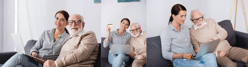 κολάζ της μελαχρινής γυναίκας χρησιμοποιώντας φορητό υπολογιστή και κρατώντας πιστωτική κάρτα κοντά στον πατέρα ηλικίας στο σπίτι, πανό - Φωτογραφία, εικόνα