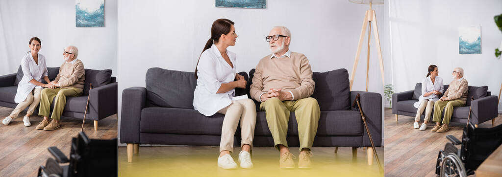 kolaż pracownika socjalnego i starszego mężczyzny rozmawia siedząc na kanapie w domu, sztandar - Zdjęcie, obraz
