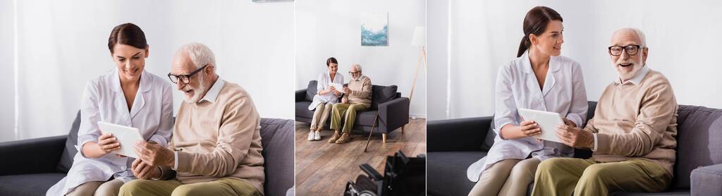 collage de enfermera geriátrica mostrando tableta digital al anciano en casa, estandarte - Foto, imagen
