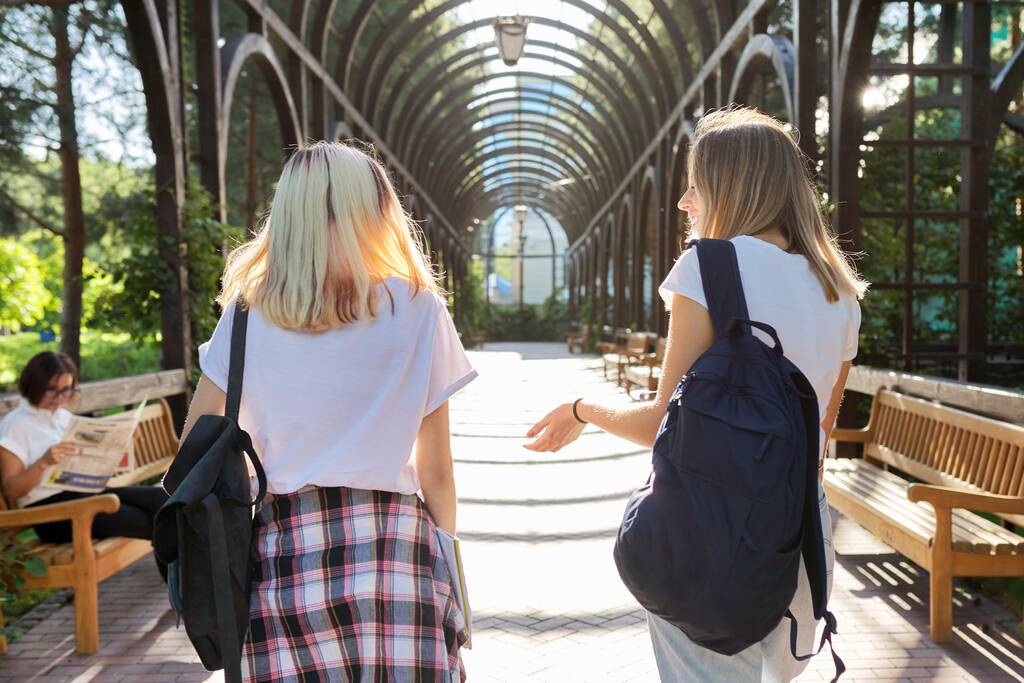 Kaksi onnellista hymyilevä puhuva tytöt teini-ikäiset opiskelijat kävelevät yhdessä - Valokuva, kuva