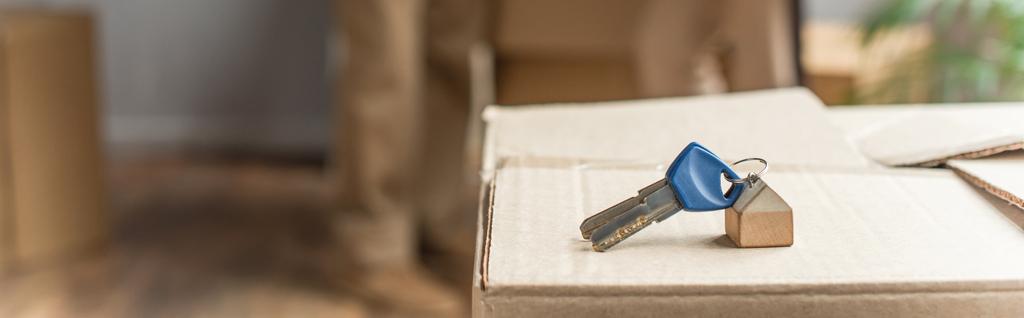 panoramic shot of keys lying on cardboard box, moving concept - Photo, Image