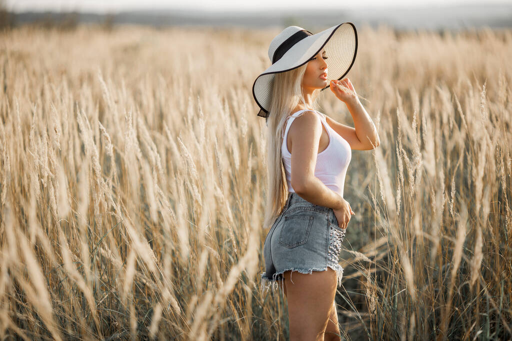 bella giovane femmina in cappello in campo estivo - Foto, immagini