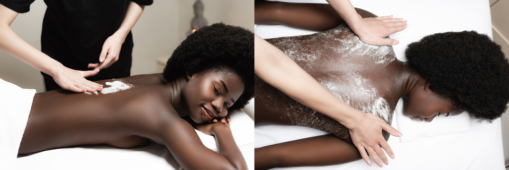 Колаж масажистки афроамериканської жінки зі скрабом у спа-салоні, банер
 - Фото, зображення
