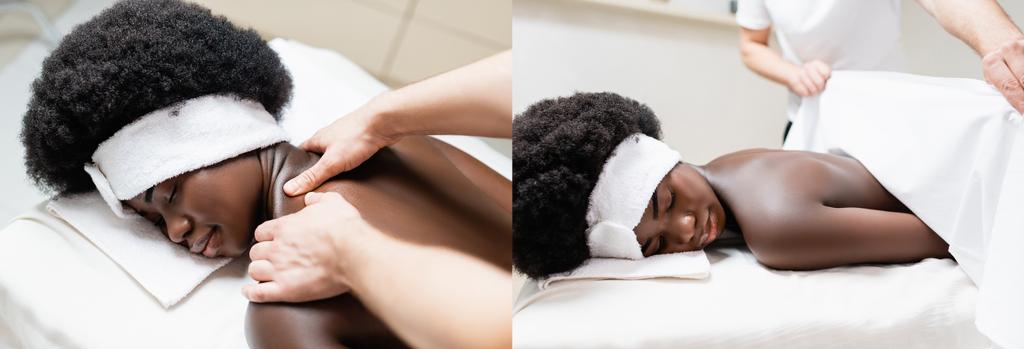 Collage de masajista masajeando a mujer afroamericana, cubriendo con sábana en salón de spa, pancarta - Foto, imagen