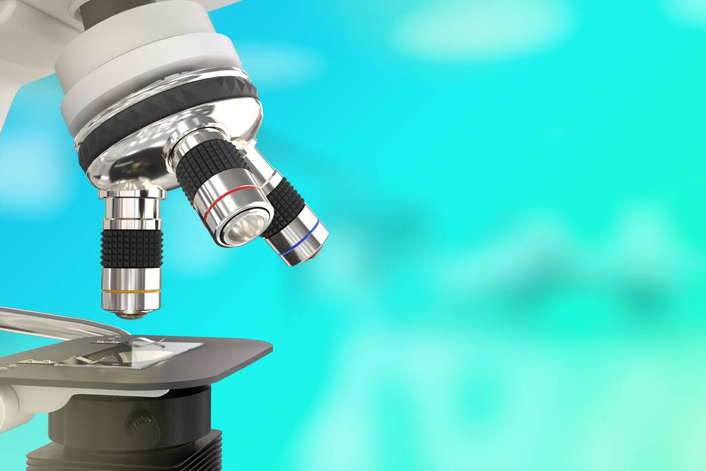 Bakterien-Arbeitskonzept, Labor-Hi-Tech-Mikroskop auf selektivem Fokushintergrund - Objekt-3D-Illustration - Foto, Bild