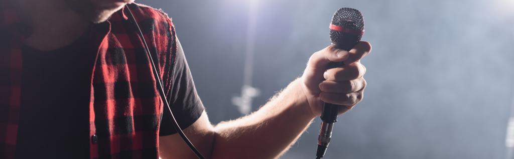 Vue recadrée du chanteur d'un groupe de rock tenant un microphone sur fond flou, bannière - Photo, image