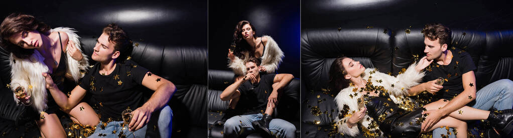Коллаж соблазнительной женщины с закрытыми глазами, смотрящей на бойфренда, сидящего на диване позади мужчины, в то время как конфетти падают в ночном клубе, баннер - Фото, изображение