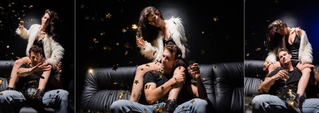 Koláž sexy ženy sedící za přítelem držící sklenici šampaňského bez gesta na pohovce s konfety padajícími do nočního klubu, banner - Fotografie, Obrázek