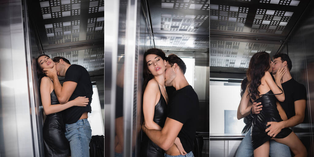 Κολάζ του παθιασμένου άντρα φιλιά σέξι γυναίκα λαιμό και συγκινητικό γλουτό στο ασανσέρ - Φωτογραφία, εικόνα