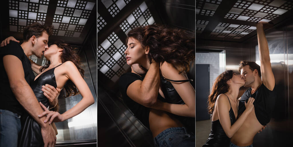 Collage of sensual brunette woman kissing, hugging and undressing man in black t-shirt in elevator - Photo, Image