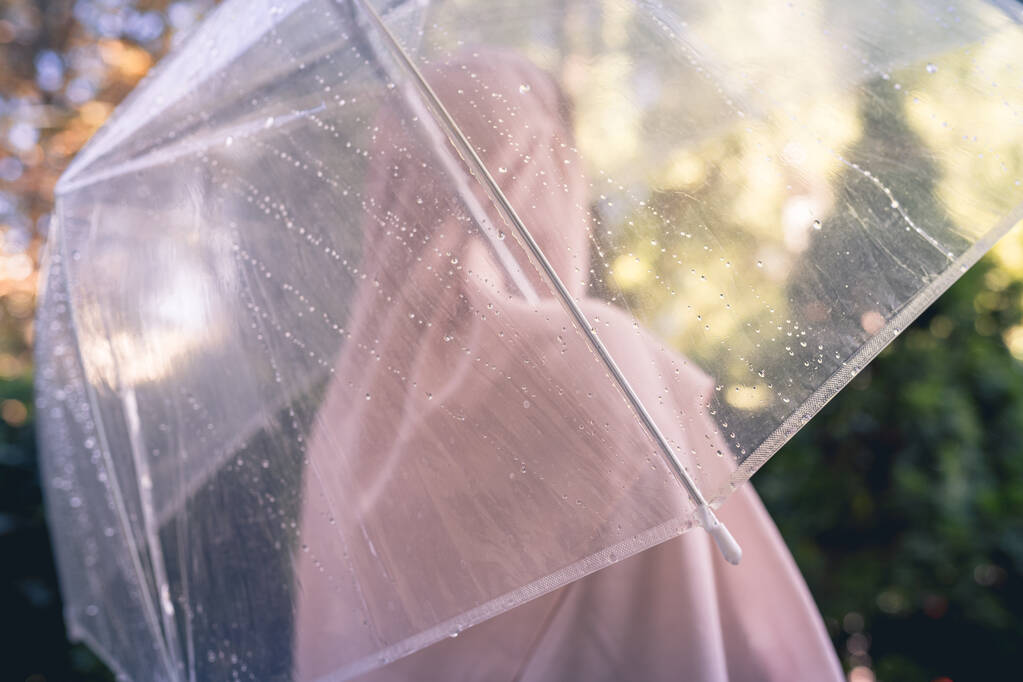 Autunno. Donna musulmana sola in un velo sotto un ombrello trasparente con gocce di pioggia che camminano in un parco, giardino. Paesaggio piovoso giorno. Vintage tonica - Foto, immagini