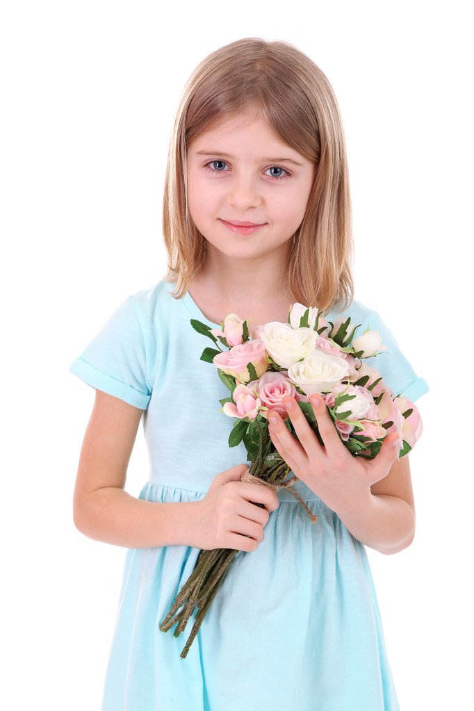 schöne kleine Mädchen mit Blumenstrauß isoliert auf weiß - Foto, Bild