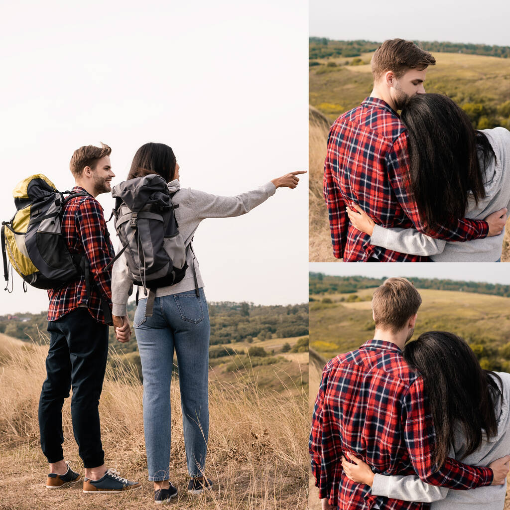 Коллаж интерактивной пары с рюкзаками, держащимися за руки и обнимающимися на открытом воздухе  - Фото, изображение