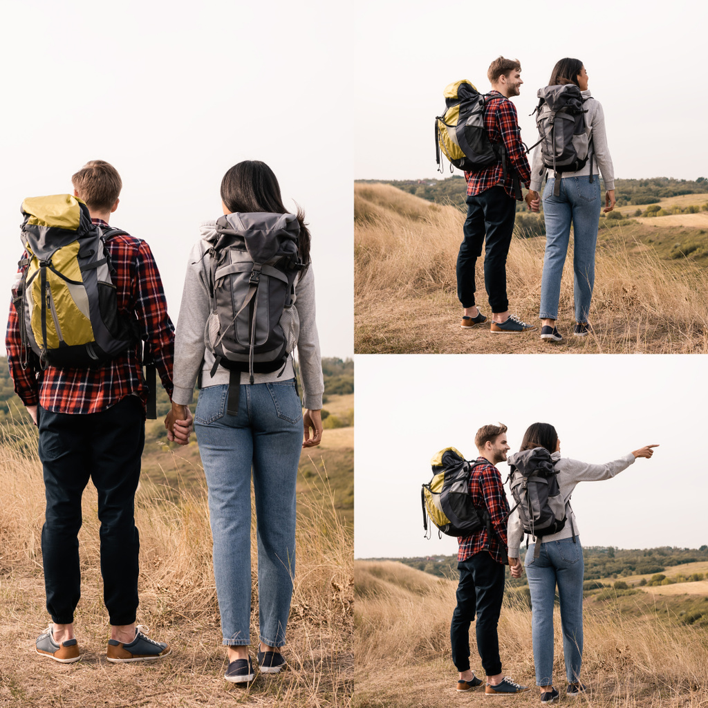 Collage de excursionistas interracial con mochilas cogidas de la mano en el césped   - Foto, Imagen