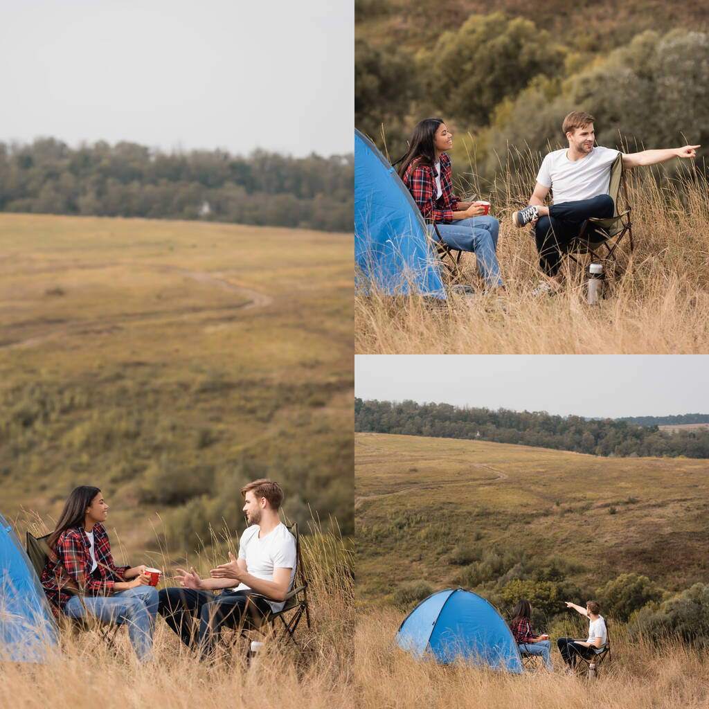 Collage of smiling interracial couple with cup sitting near tent during trip  - Photo, Image