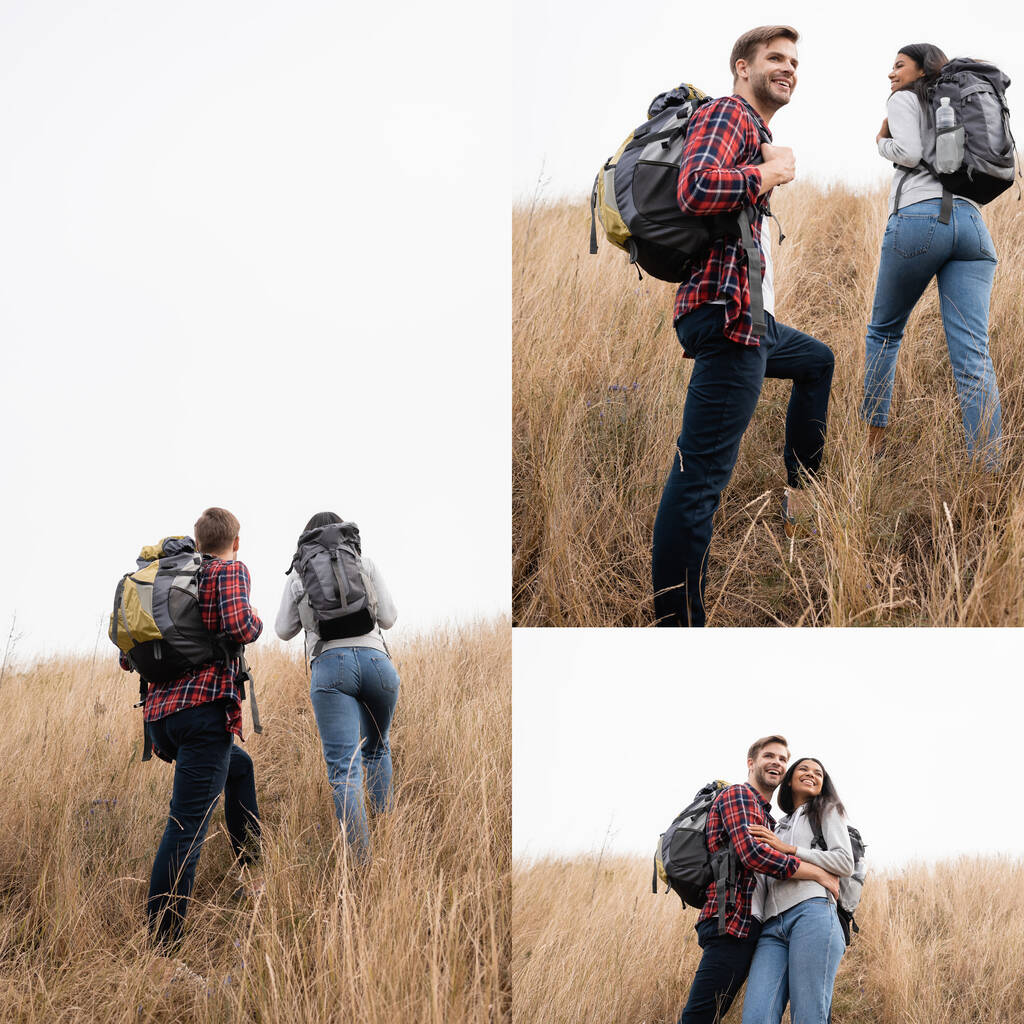 Sırt çantalarıyla çimenli tepede yürüyen gülümseyen çok ırklı çiftin kolajı  - Fotoğraf, Görsel