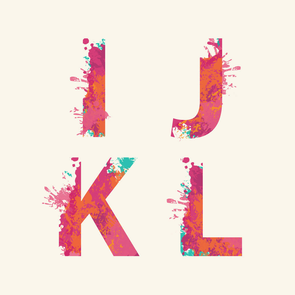 Alfabet, Letters I J K L met kleurrijke inktvlekken, abstracte kleurspatten, gekleurde verfspray. Vector aquarel lettertype, geïsoleerd op een lichte achtergrond - Vector, afbeelding